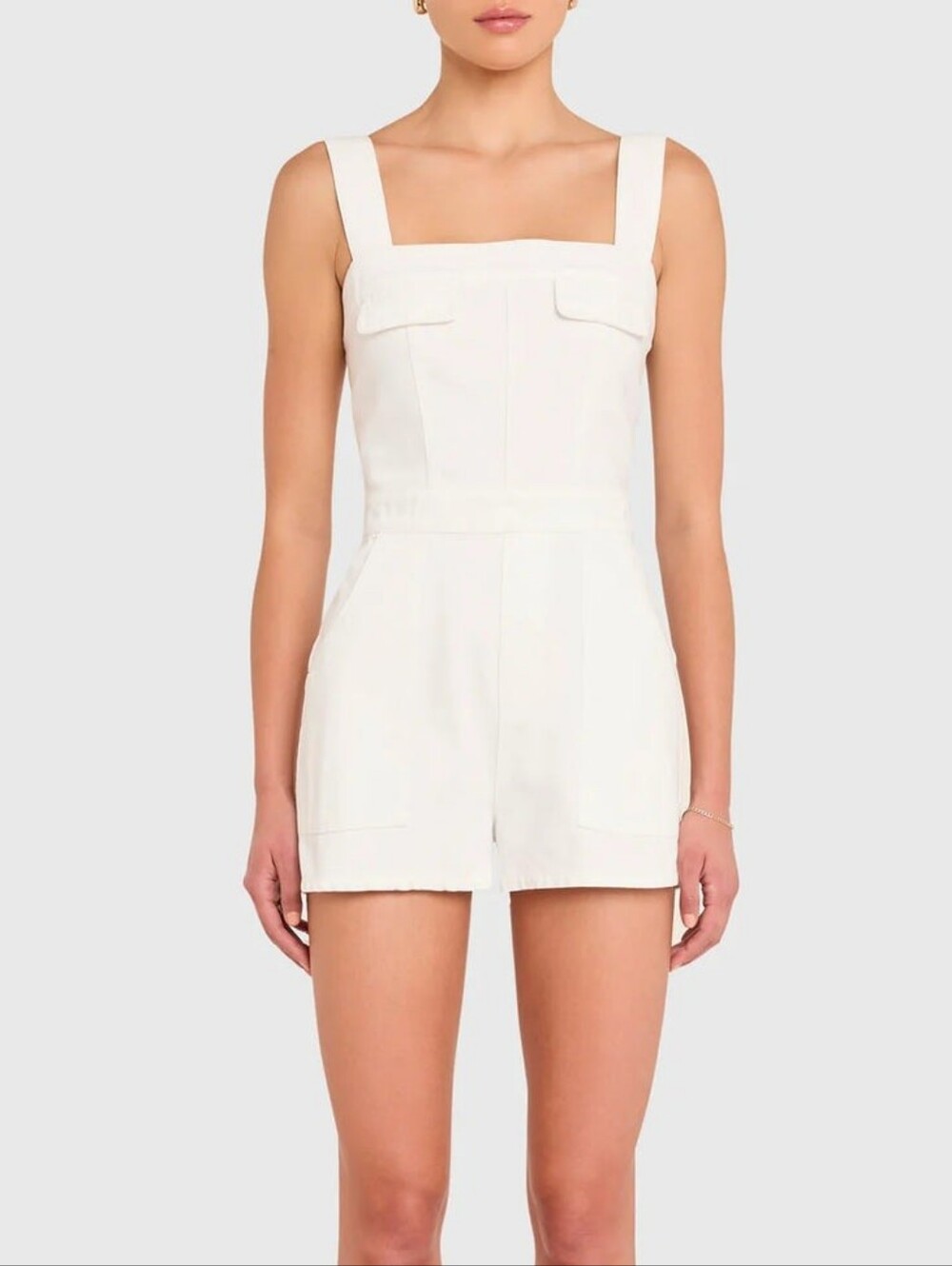 Amanda Uprichard White Denim Sleeveless "Frida" Romper w/ Pockets - Sz Medium